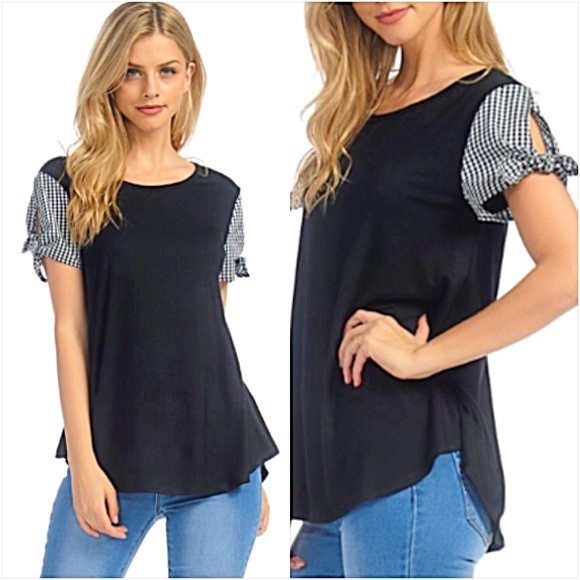 Soft Flowy Gingham Cut Out Tie Sleeve Top SML - Picture 6 of 7